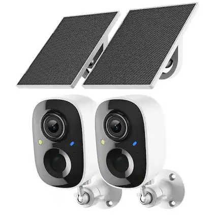 Front. PRIMEPLUS - 2K Solar Powered Wireless Outdoor Cam 2-Pack, Motion Detect, Color Night Vision, 2-Way Audio, Siren, IP65.