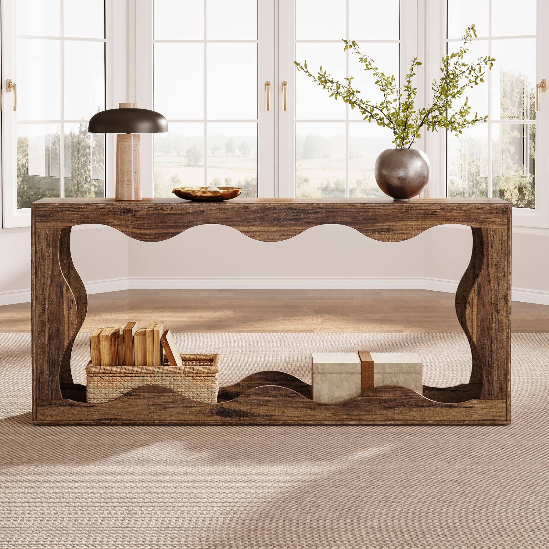 Left. Tribesigns - Farmhouse Console Table,63" Scalloped Entry Table(Rustic Brown) - Rustic Brown.