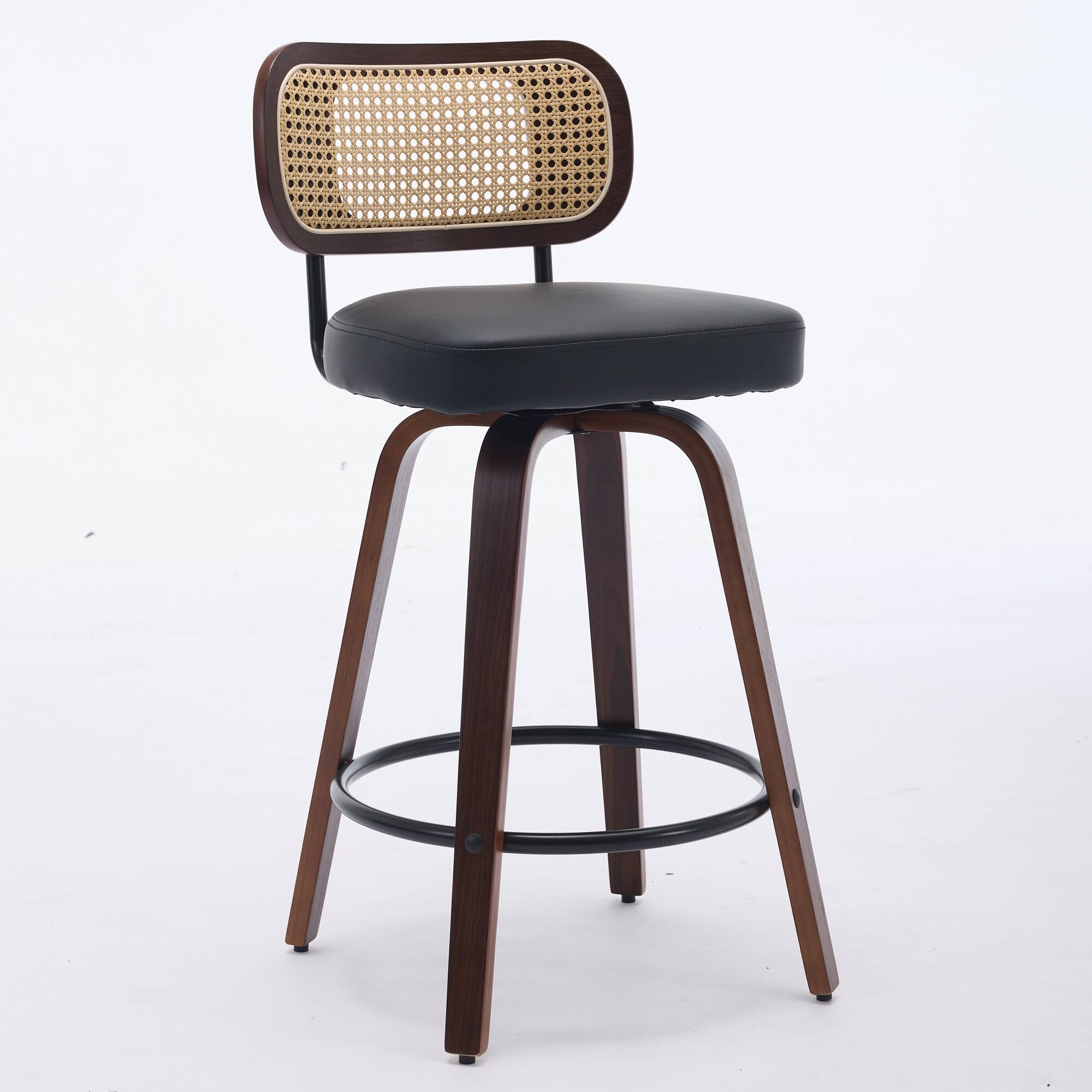 Left. APRILSOUL - Set of 3 Counter Height Bar Stools 26 inch Rattan Cane Back Upholstered Seat Walnut Black Swivel - Black.