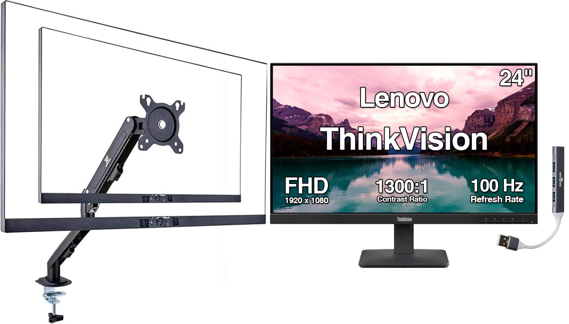 Lenovo - ThinkVision 24" FHD IPS Monitor, 4ms Response Time, Anti-Glare, HDMI w/DKZ Hub & Ergoflexy Single Mount Arm - Black