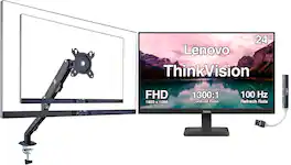 Lenovo - ThinkVision 24" FHD IPS Monitor, 4ms Response Time, Anti-Glare, HDMI w/DKZ Hub & Ergoflexy Single Mount Arm - Black