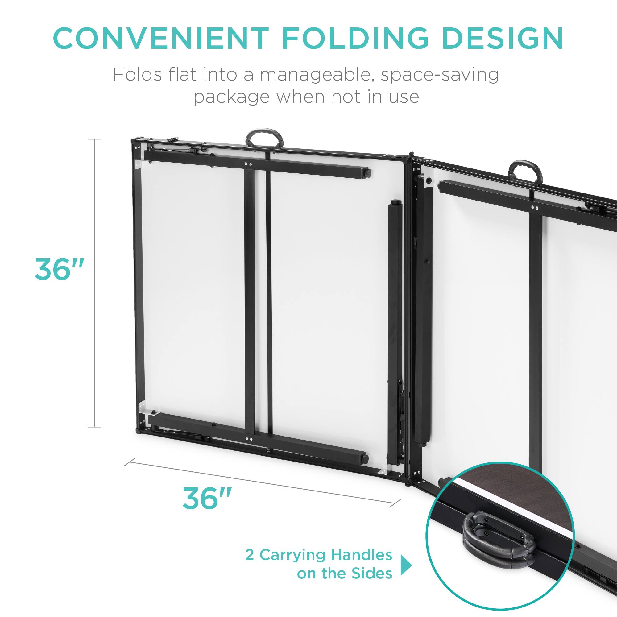 The corrected text is:

"Convenient Folding Design: Folds flat into a manageable, space-saving package when not in use. 36" x 36". 2 Carrying Handles on the Sides."