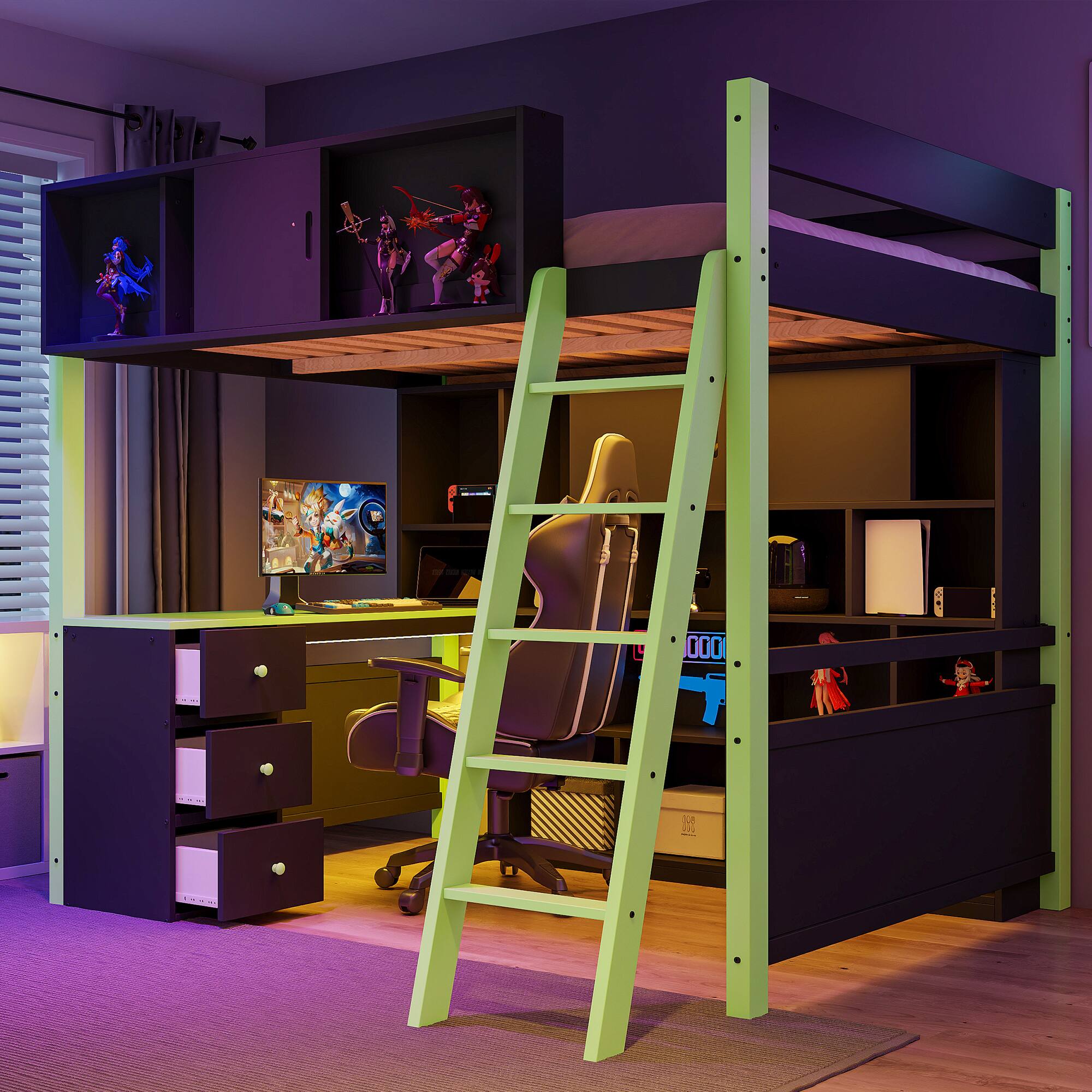 Angle. Anysun - Full Size Wood Loft Bed with Desk, Ample Storage Space and Light - Green.