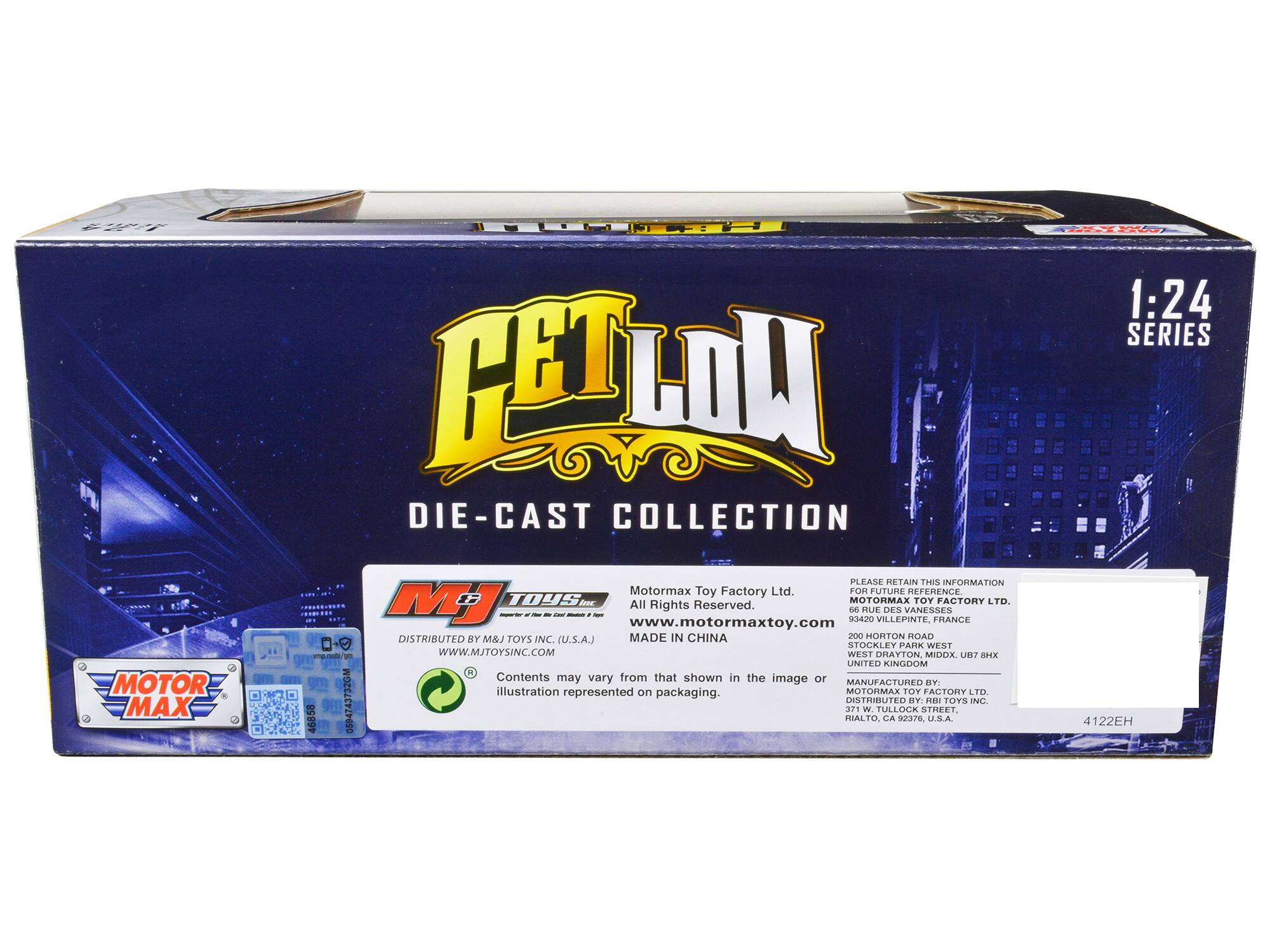**Front of the Box:**

- **Title:** GET LOW
- **Subtitle:** DIE-CAST COLLECTION
- **Series:** 1:24 SERIES
- **Brand:** MOTOR MAX
- **Distributed by:** M&J TOYS INC. (U.S.A.)
- **Website:** www.motormaxtoy.com
- **Note:** Contents may vary from that shown in the image or illustration represented on packaging.
- **Logo:** M&J TOYS INC. (U.S.A.)
- **QR Code:** Present
- **Barcode:** Present

**Back of the Box:**

- **Motormax Toy Factory Ltd.**
- **All Rights Reserved.**
- **www.motormaxtoy.com**
- **Distributed by M&J TOYS INC. (U.S.A.)**
- **MADE IN CHINA**
- **PLEASE RETAIN THIS INFORMATION FOR FUTURE REFERENCE.**
- **MOTORMAX TOY FACTORY LTD.**
- **93420 VILLEPINTE, FRANCE**
- **200 HORTON ROAD**
- **STOCKLEY PARK WEST**
- **WEST DRAYTON MIDLAND**
- **UNITED KINGDOM**
- **MANUFACTURED