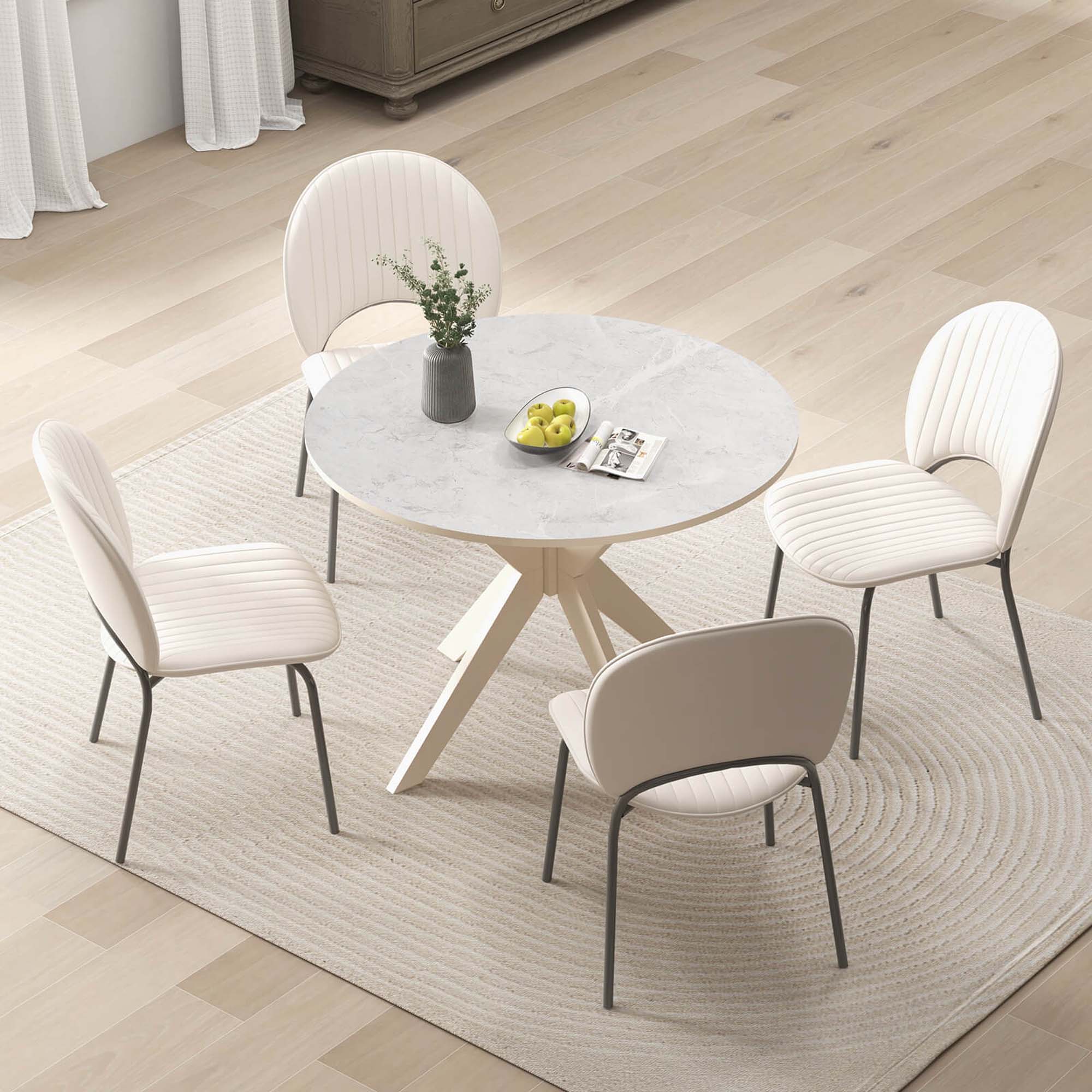 Back. Costway - Round Dining Table 36" Faux Marble Tabletop Rubber Wood Legs Kitchen - White.