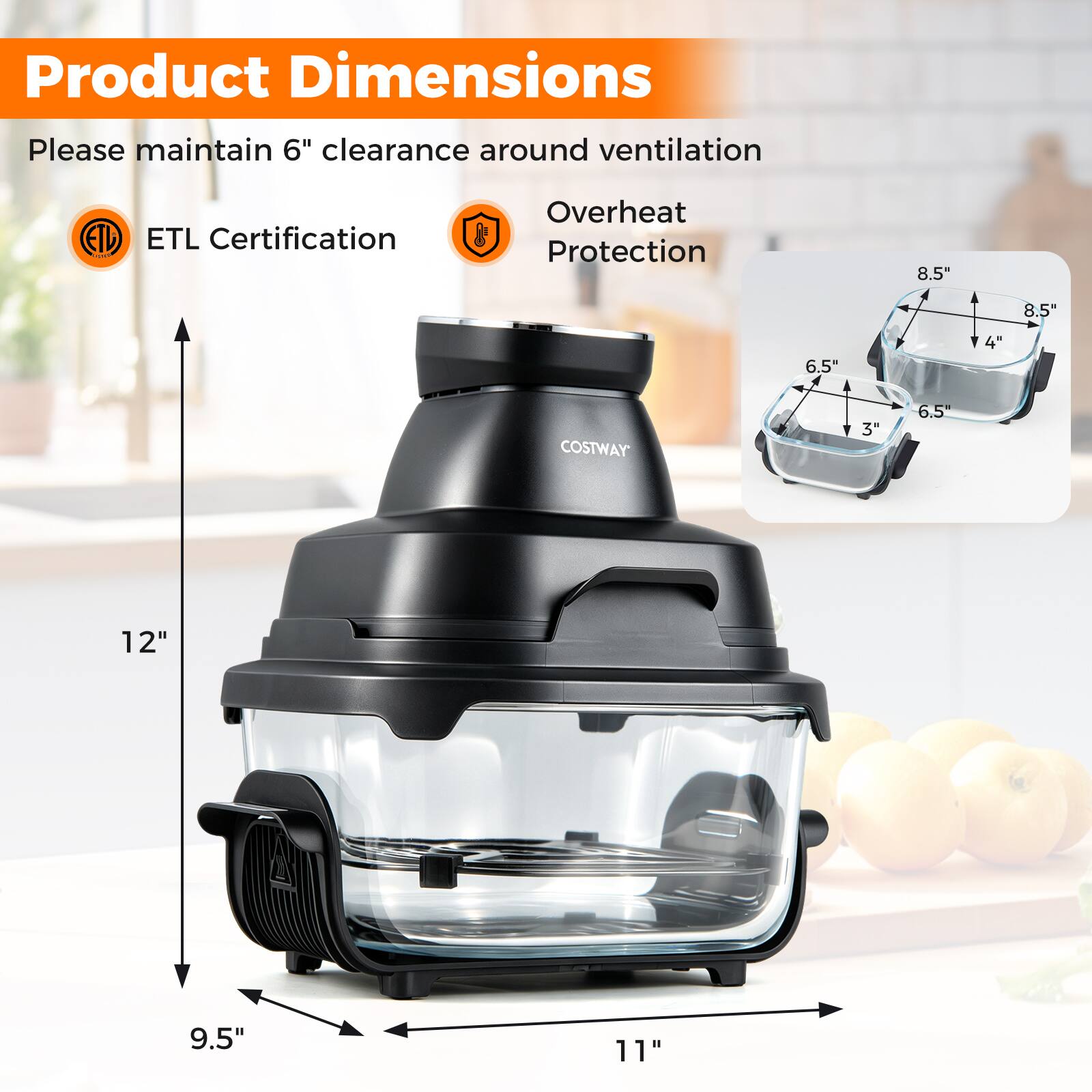 Product Dimensions

Please maintain 6" clearance around ventilation

ETL Certification & Overheat Protection

- Height: 12"
- Width: 11"
- Depth: 9.5"
- Top Diameter: 8.5"
- Bottom Diameter: 6.5"
- Side Clearance: 3"
- Lid Height: 4"