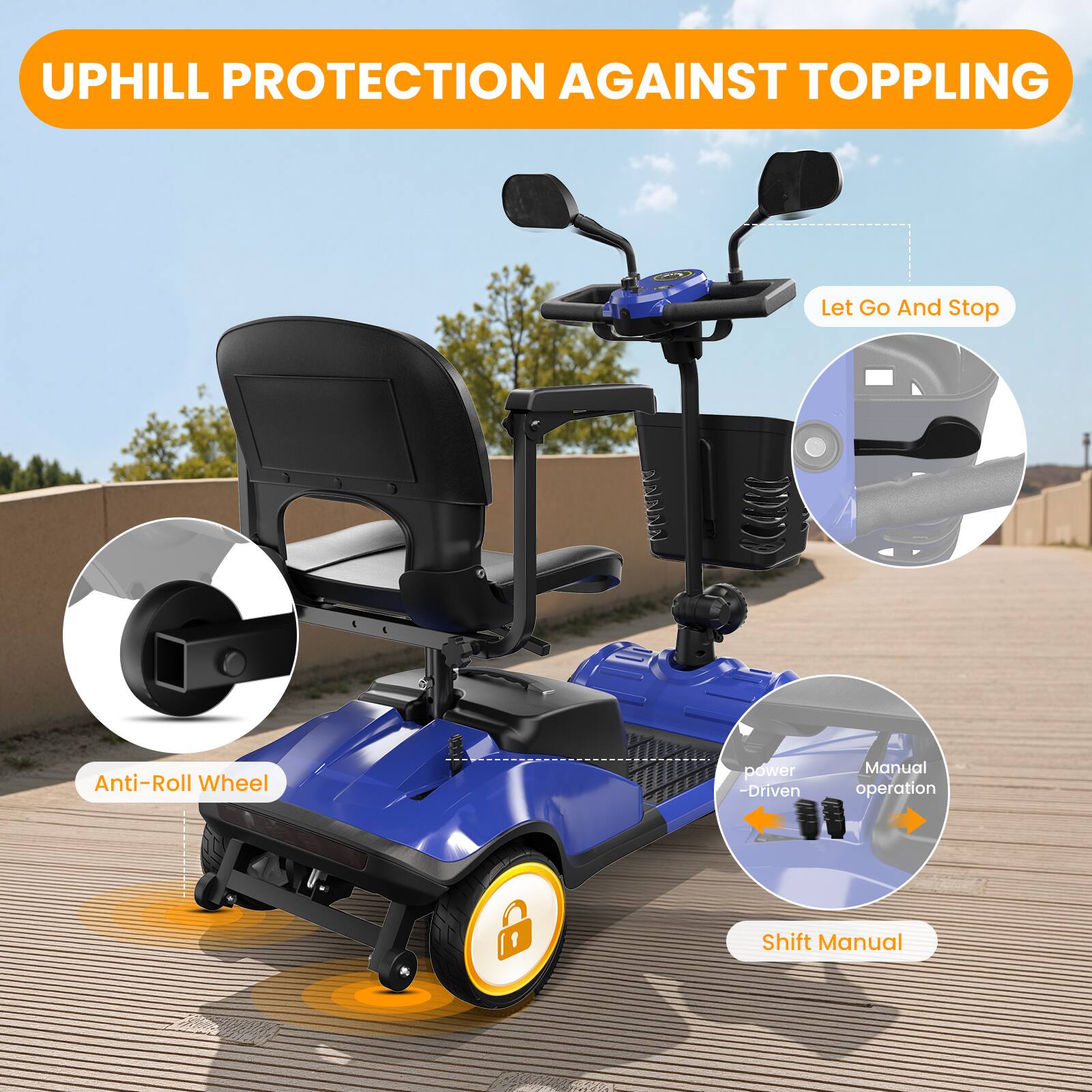 UPHILL PROTECTION AGAINST TOPPLING

Let Go And Stop
Anti-Roll Wheel
Shift Manual
Manual operation
power -Driven