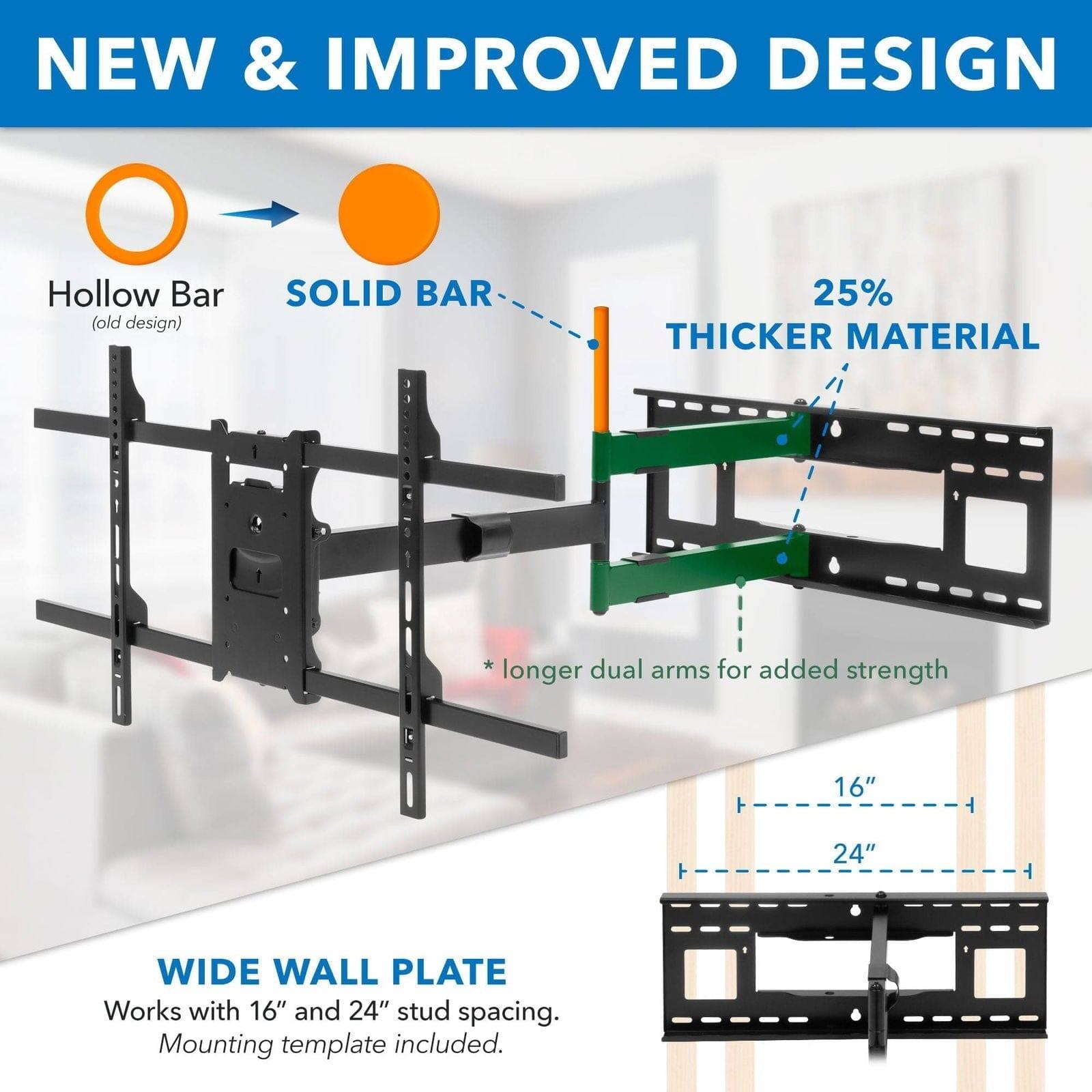 NEW & IMPROVED DESIGN

Hollow Bar (old design) → SOLID BAR

- 25% THICKER MATERIAL
- * longer dual arms for added strength

WIDE WALL PLATE
Works with 16" and 24" stud spacing.
Mounting template included.
