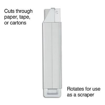 Cuts through paper, tape, or cartons  
Rotates for use as a scraper
