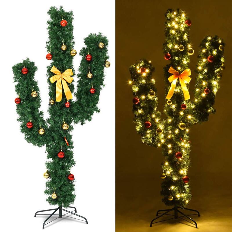 Alt View 5. WELLFOR - 6 FT Pre‑Lit Artificial Cactus Christmas Tree with Warm White LED Lights, Ball Ornaments & Bow - Green.