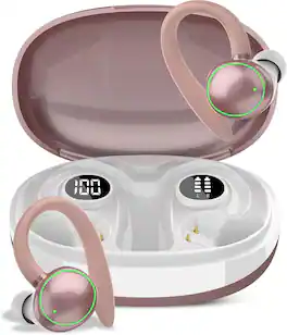 PRIMEPLUS - Wireless Earbuds, Bluetooth 5.4 Sport Earbuds with ENC Noise Cancelling Mic, 48H Playtime, Ear Hooks, Deep Bass - Rose Gold