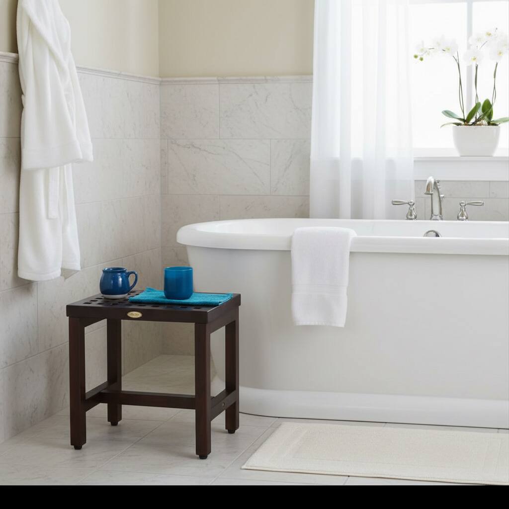 Angle. DecoTeak - DecoTeak Espalier 18" Teak Wood Shower Bench in Woodland Brown Finish - Woodland Brown.