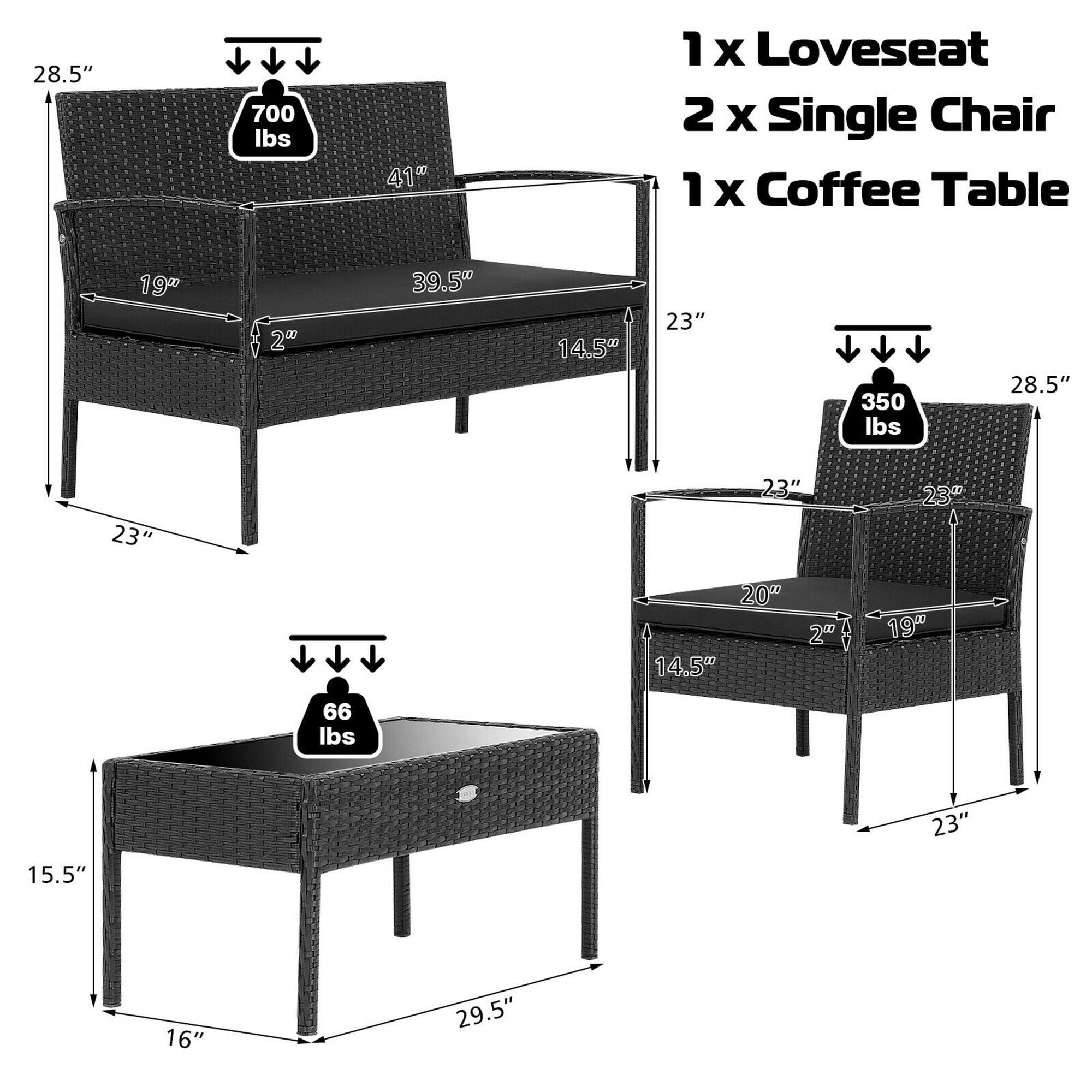 1 x Loveseat: 28.5" 700 lbs 41" 19" 2 39.5" 14.5"
2 x Single Chair: 28.5" 23" 23" 23" 20" 14.5" 2" 19" 350 lbs
1 x Coffee Table: 28.5" 23" 23" 23" 23" 15.5" 16" 29.5" 66 lbs