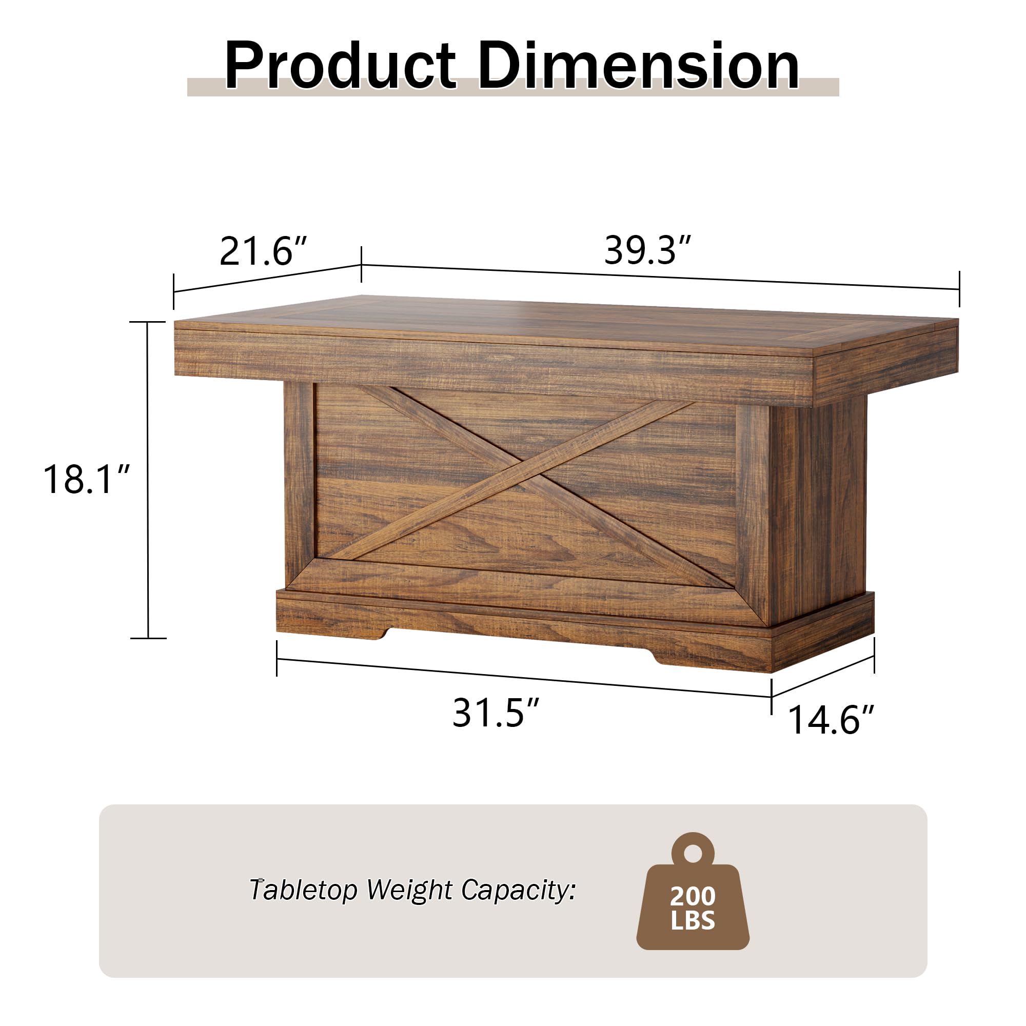 Product Dimension  
21.6" x 39.3" x 18.1" x 31.5" x 14.6"  
Tabletop Weight Capacity: 200 LBS