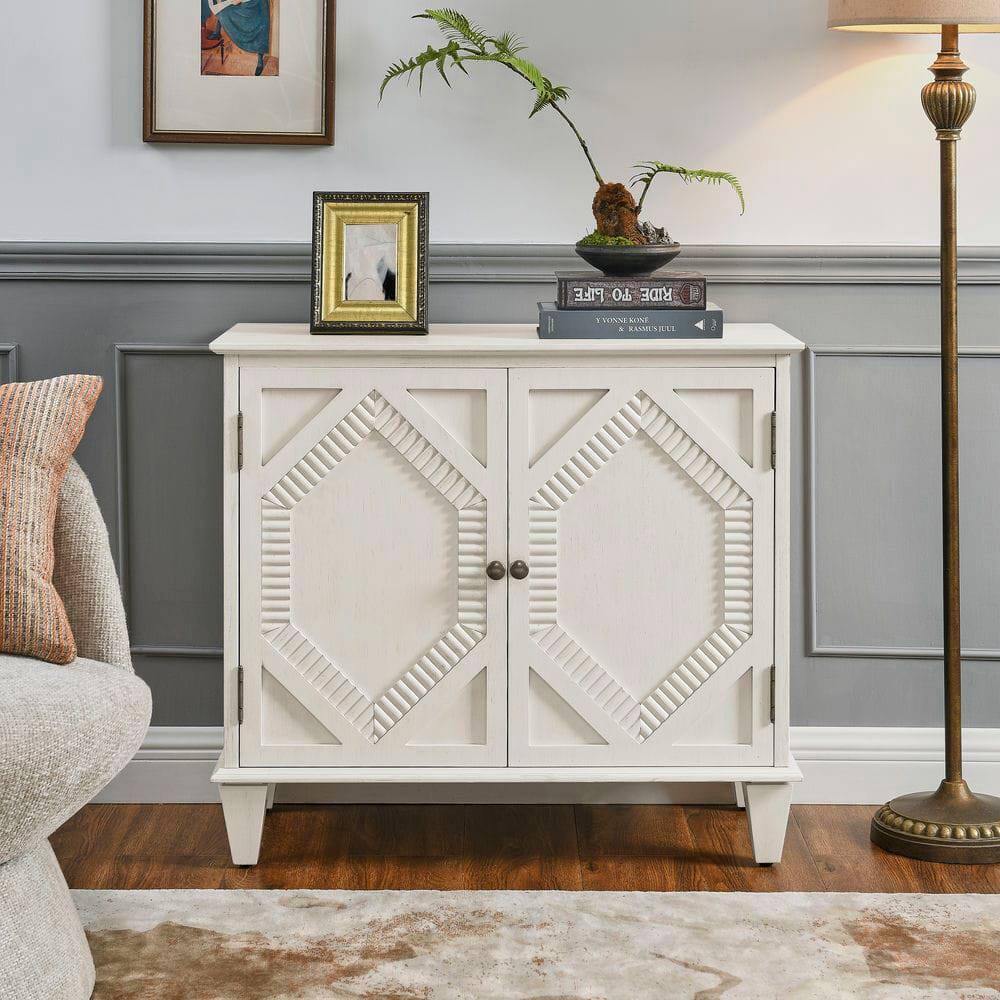 Kadyn - 33.6" Retro Wooden Sideboard Buffet Cabinet with Storage, Symmetrical Geometric Accent Display Cabinets, Antique - White