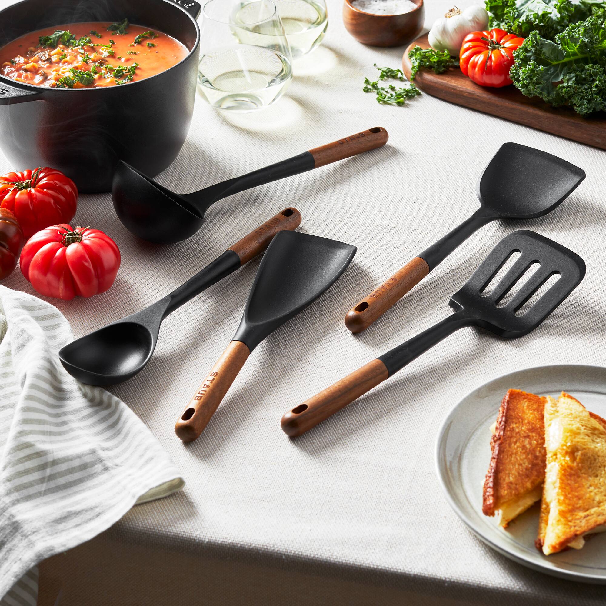 Staub Silicone with Wood Handle 5 pc Cooking Utensil Set Black