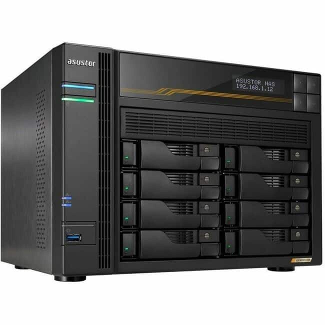 Asustor - Lockerstor 8 Gen3 AS6808T 8 Bay NAS, AMD Ryzen Quad-Core 2.3 GHz, 16GB RAM ECC DDR5, 4 M.2 NVMe Slots, Dual 5GbE - Black
