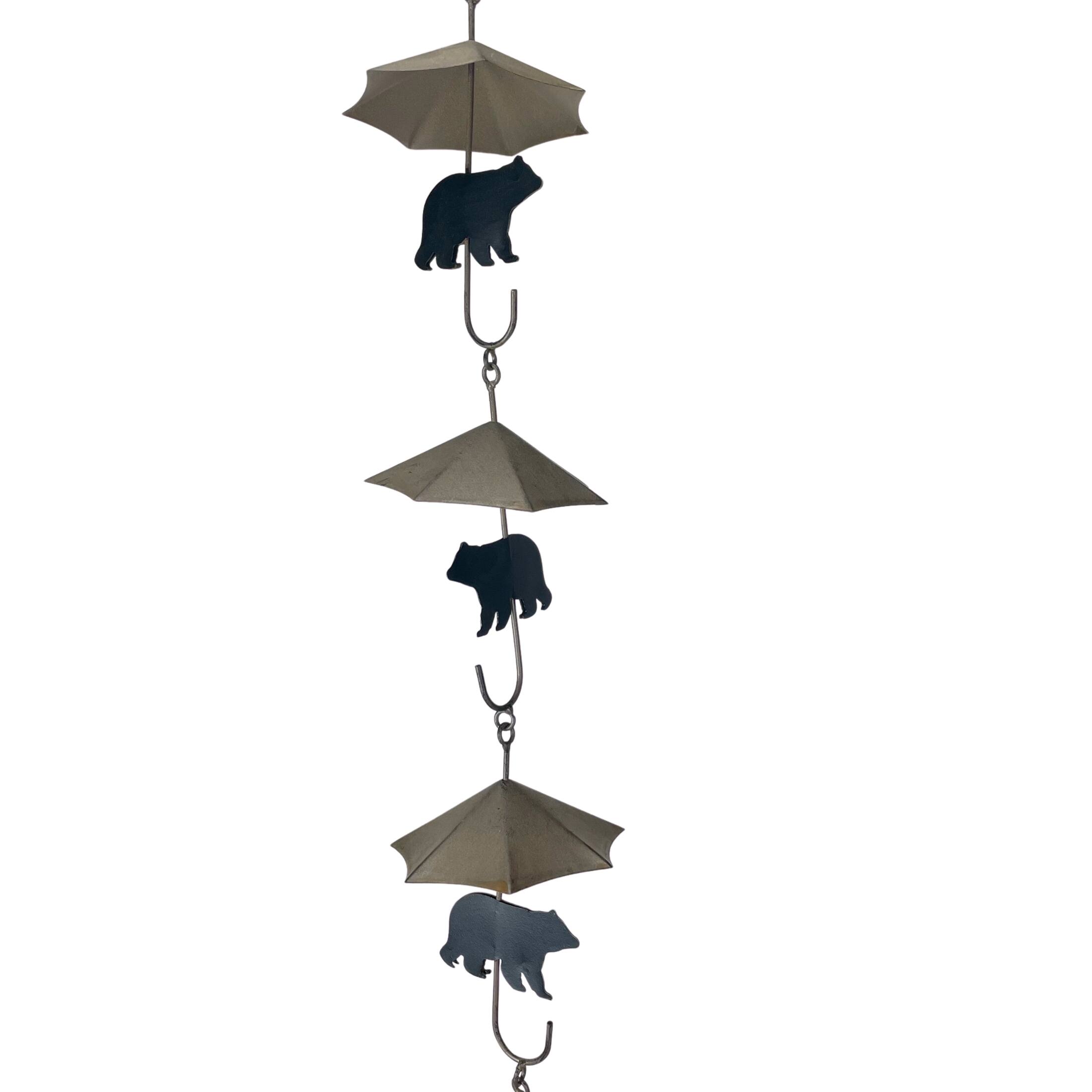 Alt View 1. Things2Die4 - Rustic Black Bear & Umbrella Rain Chain - 75" Long Distressed Copper Finish - Brown.