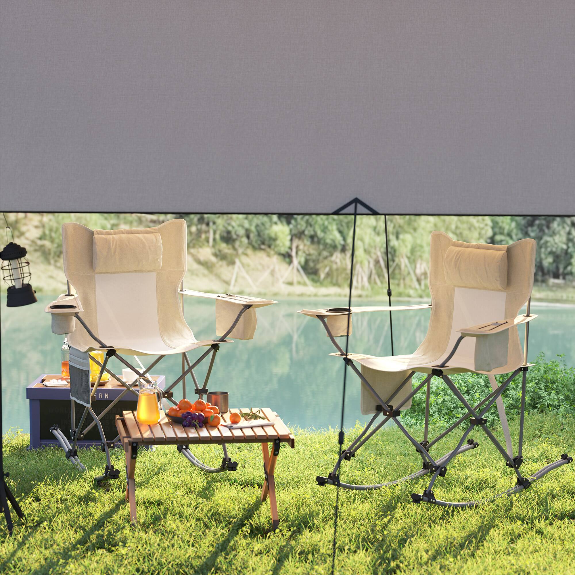 Alt View 8. Outsunny - Folding Rocking Camping Chairs for Adults, Portable Outdoor Rocking Chairs with Headrest, Cooler Bag, Cup Holder - Cream White.