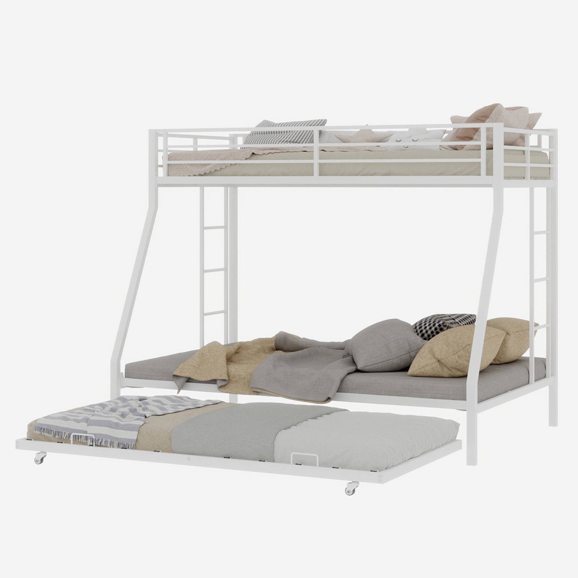 Alt View 6. GOODSILO - Full Size Square Tube Triple Sleeper Bunk Bed with Pull-Out Trundle and Ladder for Space Saving - White.