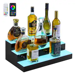 VEVOR - LED Lighted Liquor Bottle Display,3Tiers 20Inches Whiskey Rack,Supports USB,with RF Remote & App Control,9 Static Colors - Black,White