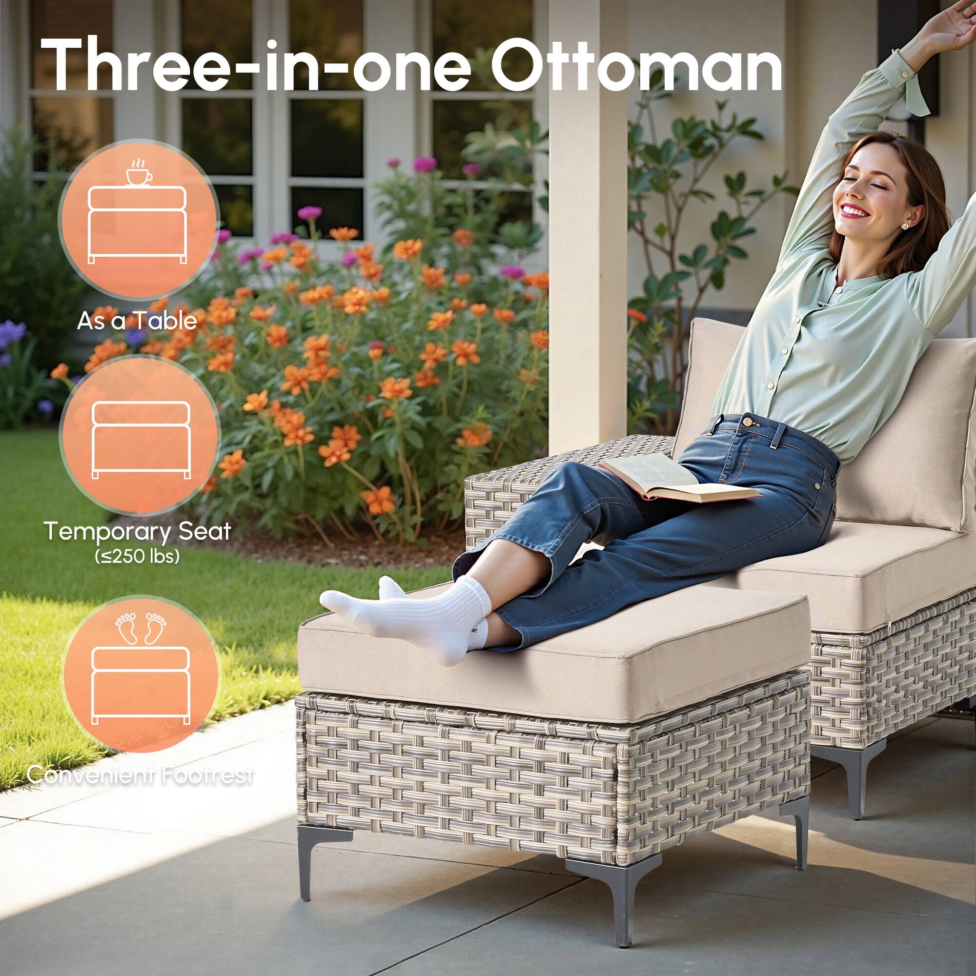 Three-in-one Ottoman

- As a Table
- Temporary Seat (≤250 lbs)
- Convenient Footrest