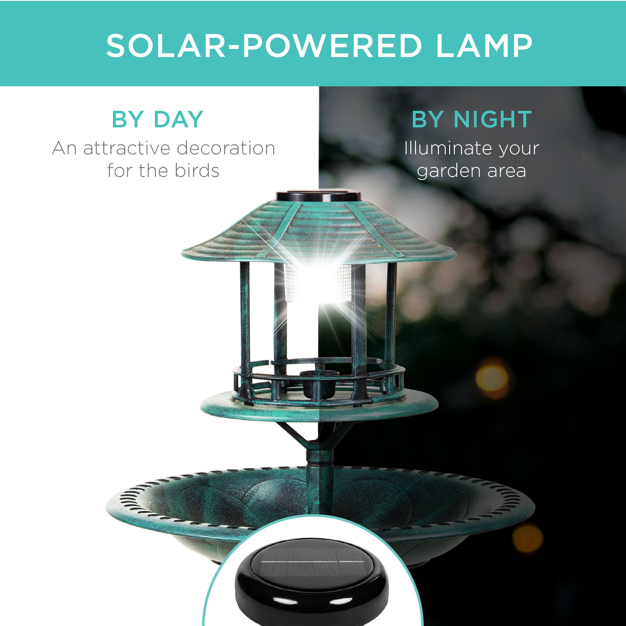 SOLAR-POWERED LAMP

BY DAY  
An attractive decoration for the birds

BY NIGHT  
Illuminate your garden area