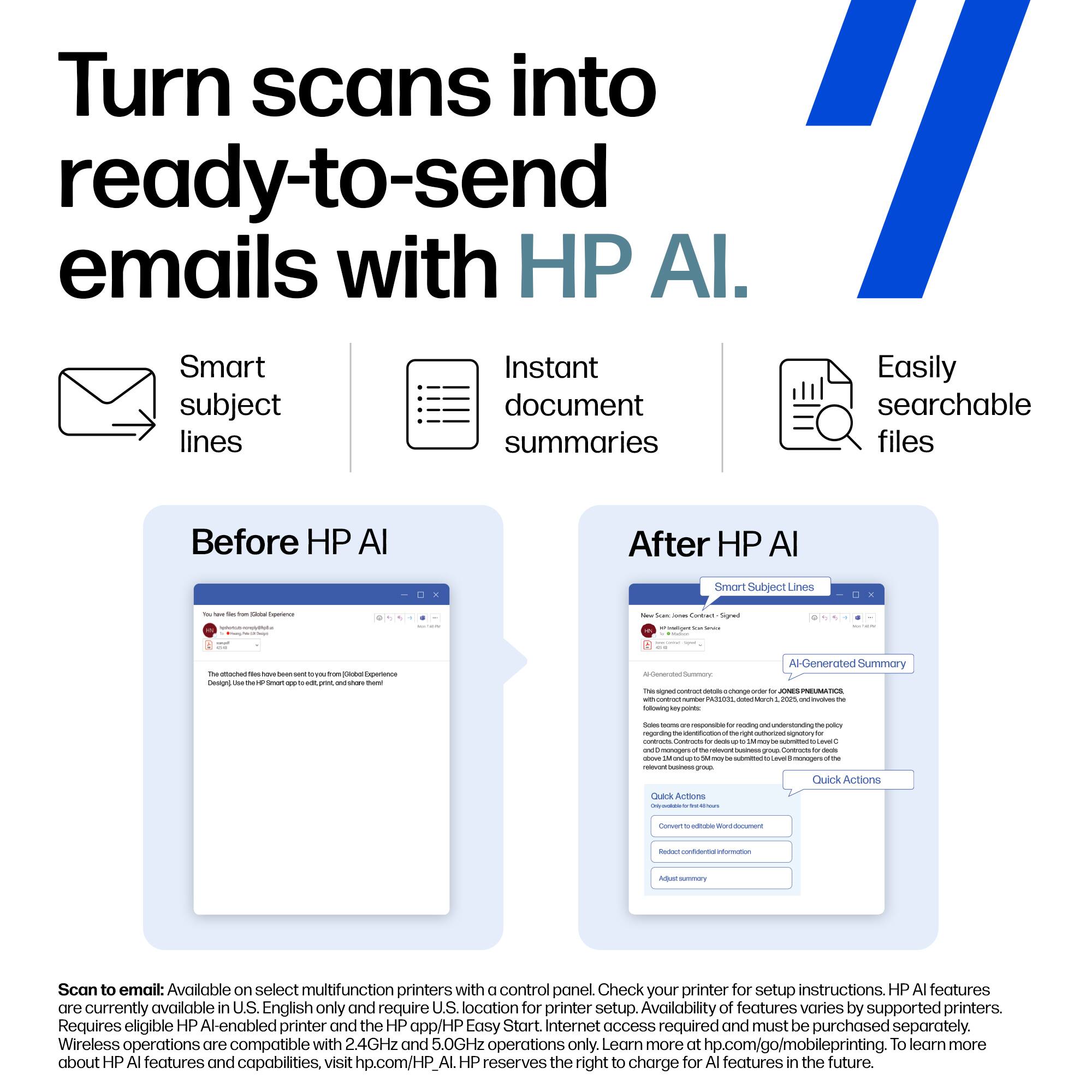 Turn scans into ready-to-send emails with HP AI.

Smart subject lines  
Instant document summaries  
Easily searchable files

Before HP AI

After HP AI

Scan to email: Available on select multifunction printers with a control panel. Check your printer for setup instructions. HP AI features are currently available in U.S. English only and require U.S. location for printer setup. Availability of features varies by supported printers. Requires eligible HP AI-enabled printer and the HP app/HP Easy Start. Internet access required and must be purchased separately. Wireless operations are compatible with 2.4GHz and 5.0GHz operations only. Learn more at hp.com/go/mobileprinting. To learn more about HP AI features and capabilities, visit hp.com/HP-AI. HP reserves the right to charge for AI features in the future.