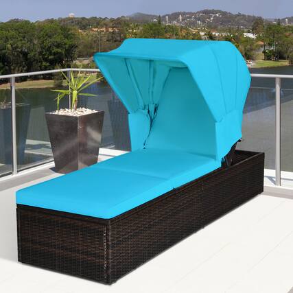 Front. Gymax - Gymax Rattan Patio Chaise Lounge Chair W/ Adjustable Canopy Turquoise Cushion - Turquoise.