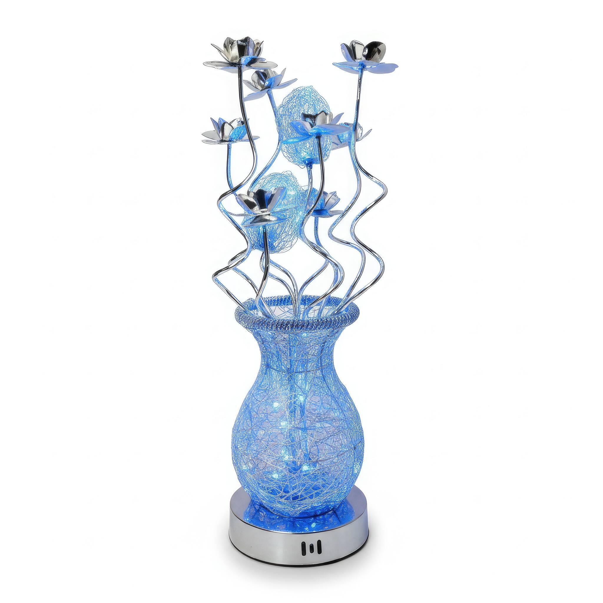 Angle. FC Design - 24"H Silver Textured Vase & Floral Stem Blue Changing Light Table Lamp.