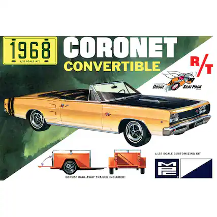 1968 CORONET CONVERTIBLE
1/25 SCALE KIT
R/T
AUTHENTIC DODGE
SCAT PACK DEAL
BONUS! HAUL-AWAY TRAILER INCLUDED!
1/25 SCALE CUSTOMIZING KIT