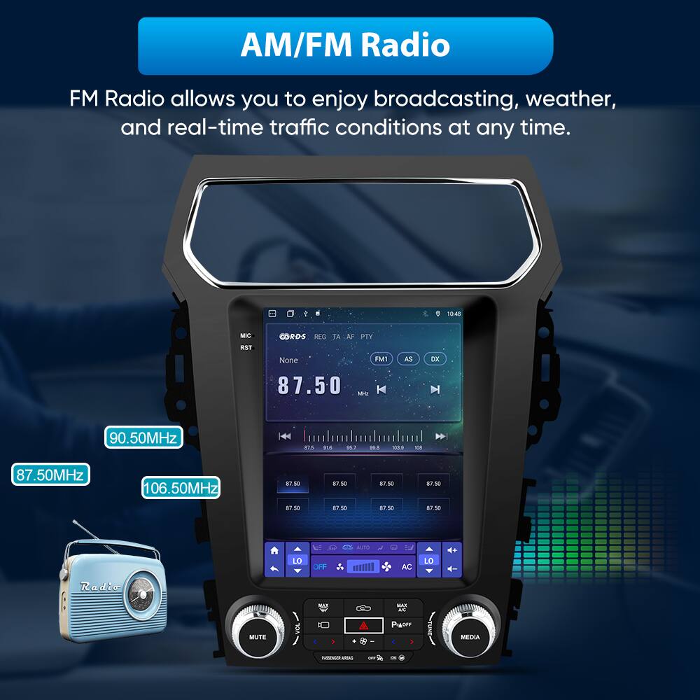 AM/FM Radio

FM Radio allows you to enjoy broadcasting, weather, and real-time traffic conditions at any time.

10-48 MIC KST CORDS REG None TA AF PTY FM1 AS OK 87.50 MEE 90.50MHz ars PA 9 -E 101S E 87.50MHz 106.50MHz 87.50 87.50 87.50 87.50 87.50 87.50 87.50 87.50 AO LO OFF AC LO Radio S A MUTE TO Power MEDIA SE ARDAS
