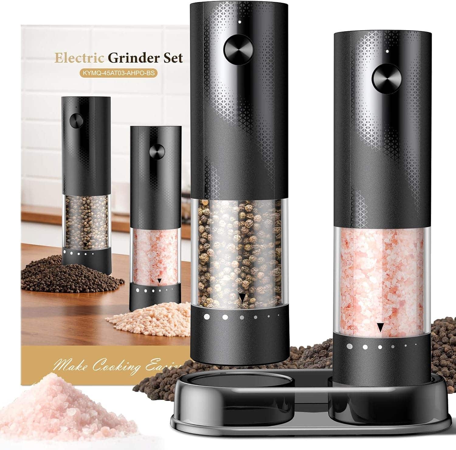 FINEAK - Rechargeable Electric Salt and Pepper Grinder Set with Larger Hopper (2-Pack - Black