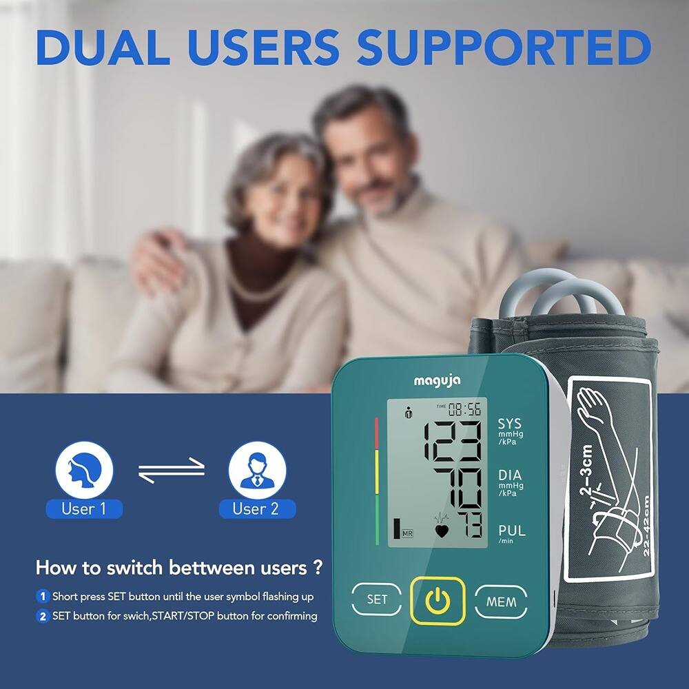 DUAL USERS SUPPORTED

User 1 User 2

How to switch between users?
1. Short press SET button until the user symbol flashing up
2. SET button for switch, START/STOP button for confirming

maguja

TIME 08:56
SYS 123 mmHg / kPa
DIA 70 mmHg / kPa
PUL 73 /min
MR

SET MEM
