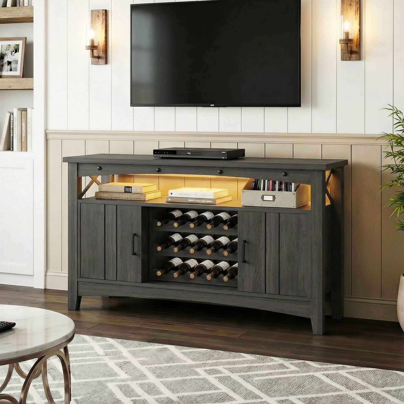 Alt View 3. Aheaplus - Farmhouse Coffee Bar Cabinet with Charging Station, LED Lights & Movable Wine Rack - Gray Walnut.