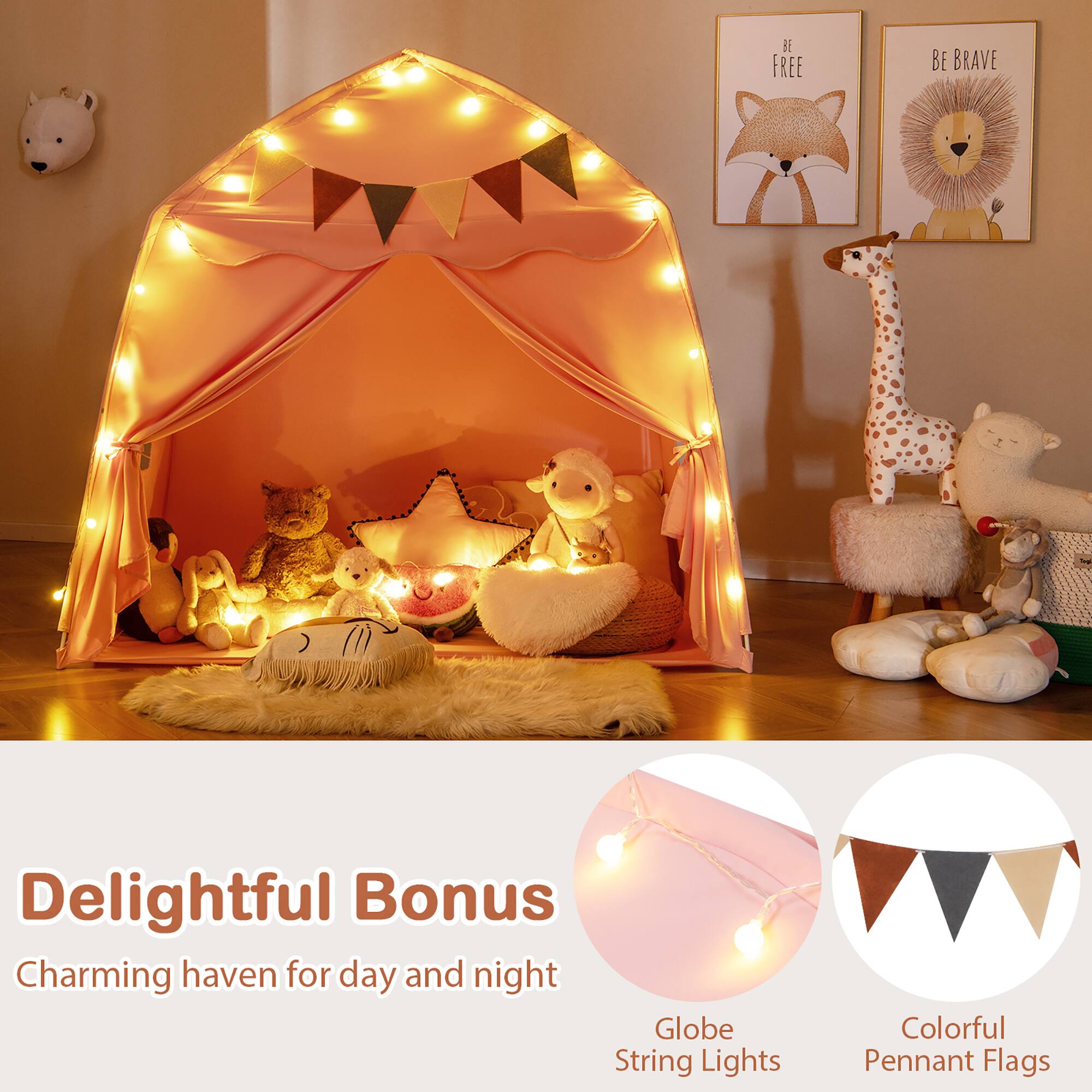Delightful Bonus  
Charming haven for day and night  

Globe String Lights  
Colorful Pennant Flags