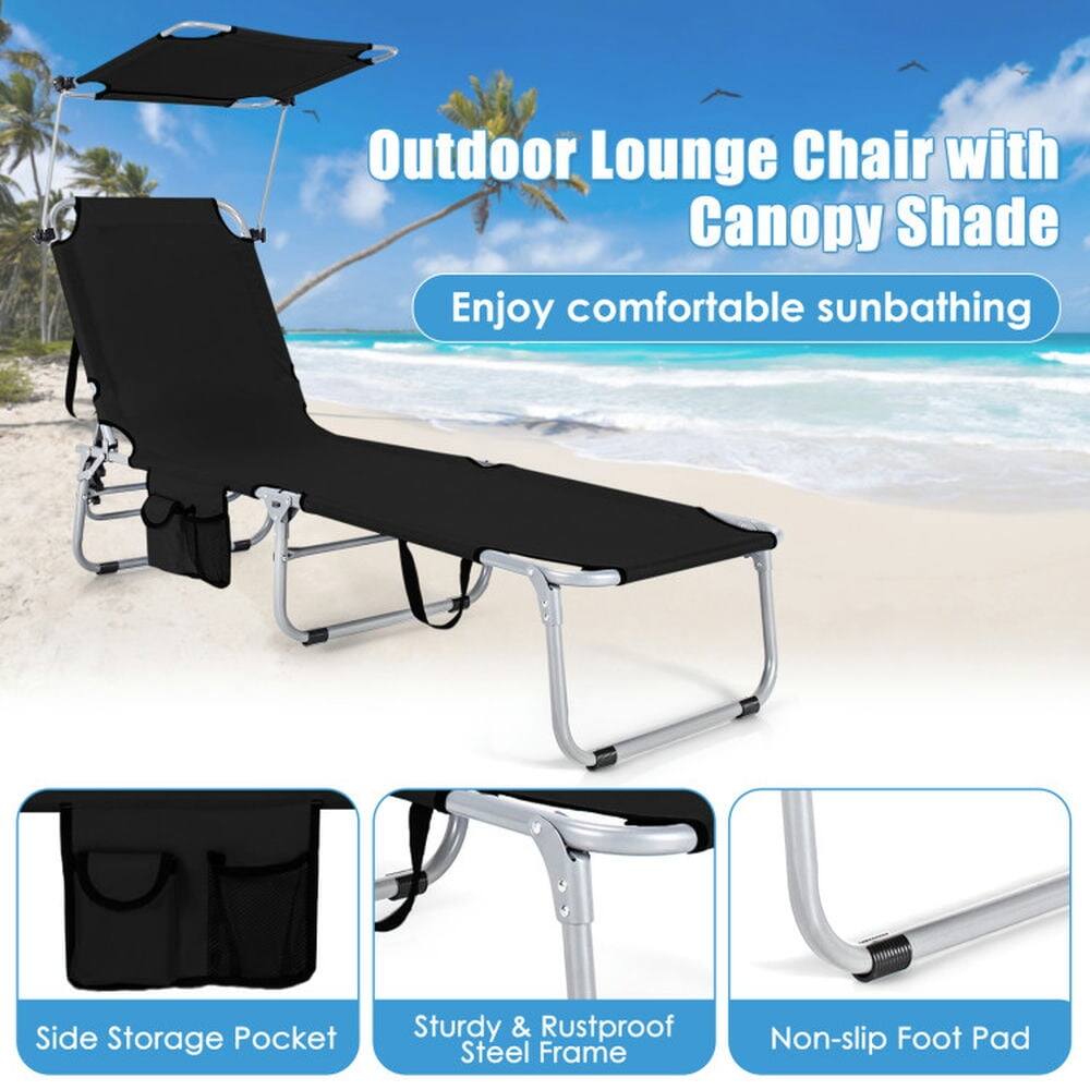 Outdoor Lounge Chair with Canopy Shade  
Enjoy comfortable sunbathing  

- Side Storage Pocket  
- Sturdy & Rustproof Steel Frame  
- Non-slip Foot Pad