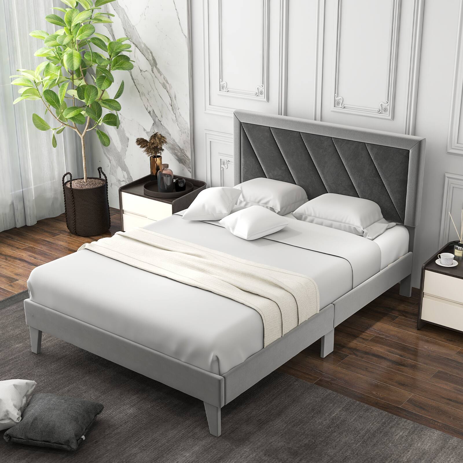 Angle. LUCKY ONE - Full Assembled Platform Bed with High Velvet Headboard Wooden Slats 1763 lbs - Gray & Black-Full.