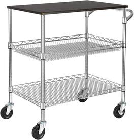 Finnhomy - 3-Tier Heavy Duty Utility Cart with Wood Top – NSF Listed Steel Rolling Cart with Handle, 500 lb Capacity - Chrome