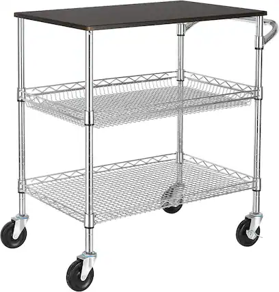 Front. Finnhomy - Finnhomy 3-Tier Heavy Duty Utility Cart with Wood Top – NSF Listed Steel Rolling Cart with Handle, 500 lb Capacity - Chrome.