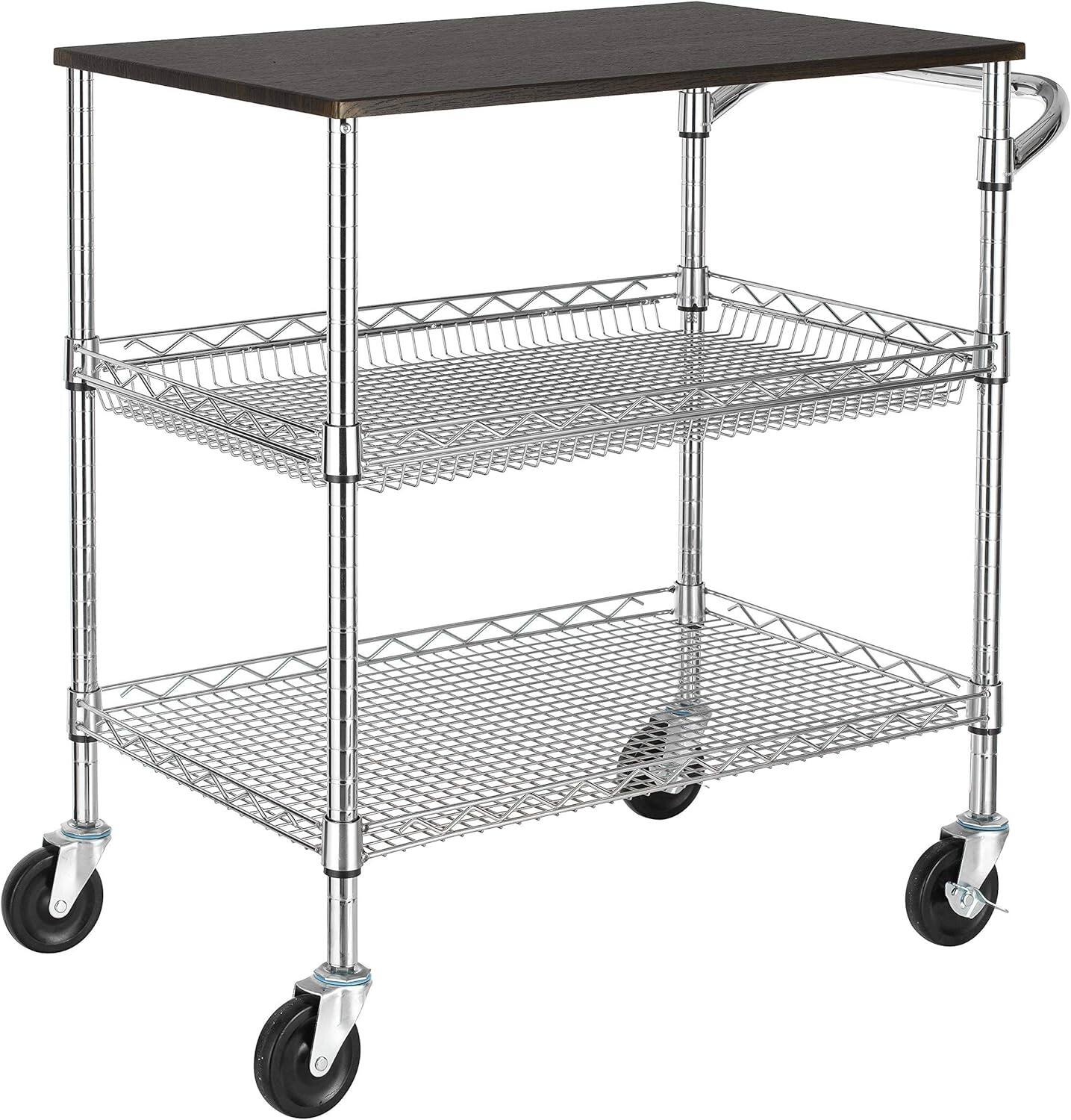 Front. Finnhomy - Finnhomy 3-Tier Heavy Duty Utility Cart with Wood Top – NSF Listed Steel Rolling Cart with Handle, 500 lb Capacity - Chrome.