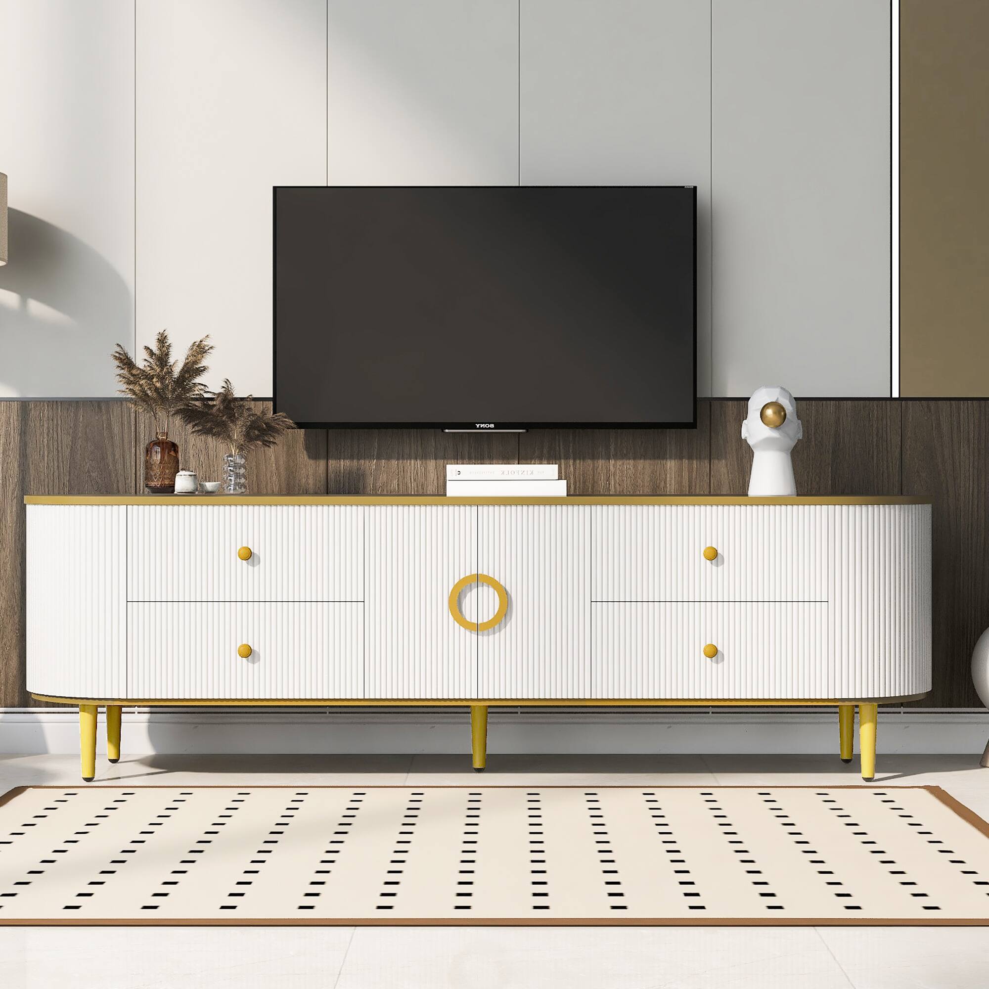 Front. APRILSOUL - Modern TV Stand for TVs up to 80 Inch with 4 Drawers and 1 Cabinet Wood TV Console Table with Metal Legs and Handles - White.