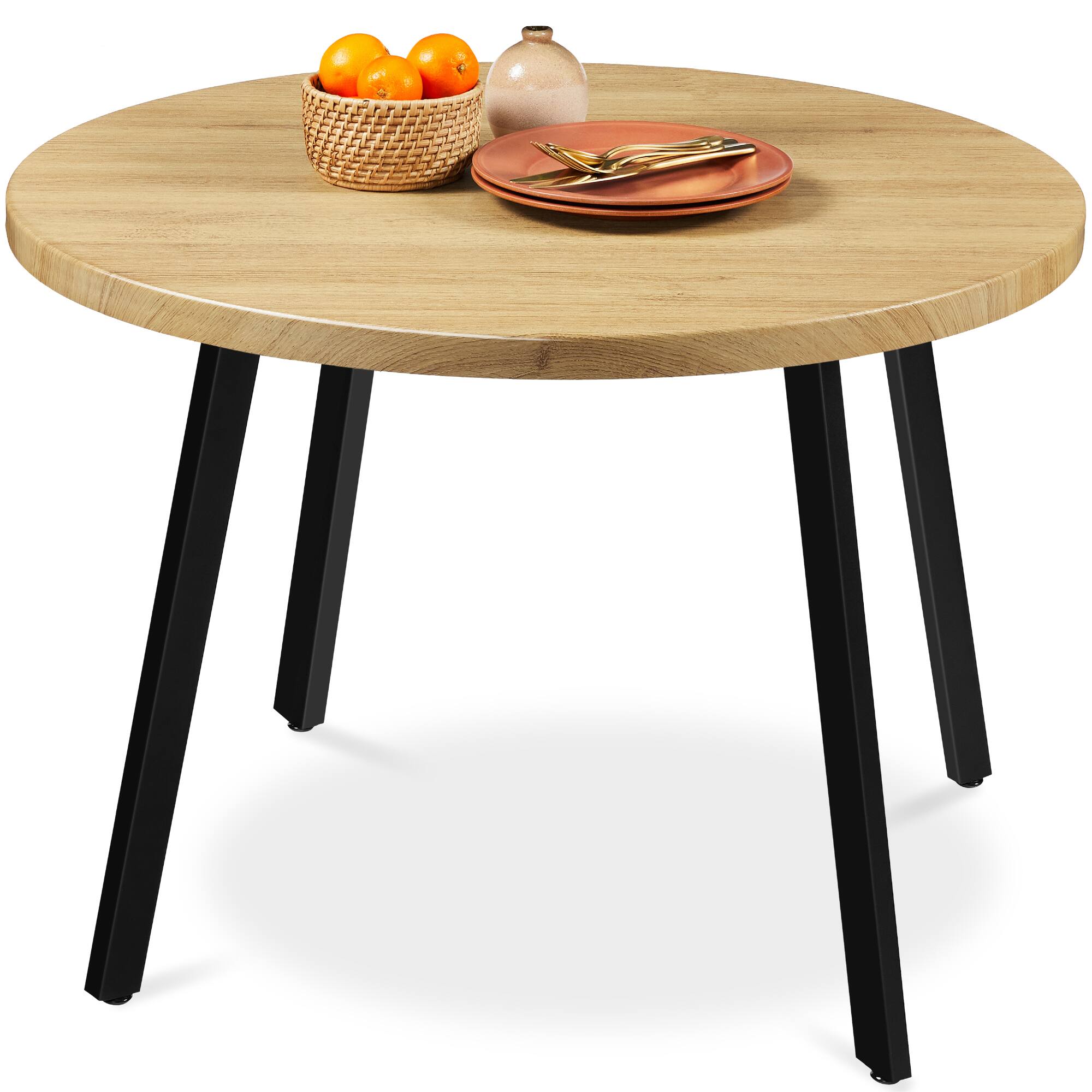 Best Choice Products - 35.5in Mid-Century Modern Round Dining Table w/ Steel Legs, Adjustable Feet - Natural