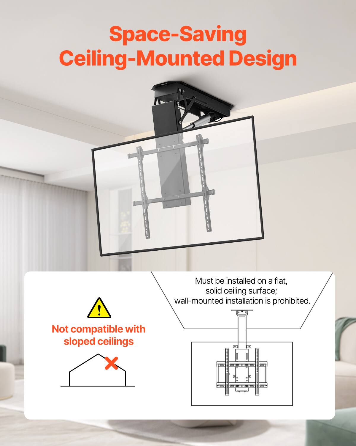 Space-Saving Ceiling-Mounted Design

Not compatible with sloped ceilings

Must be installed on a flat, solid ceiling surface; wall-mounted installation is prohibited.