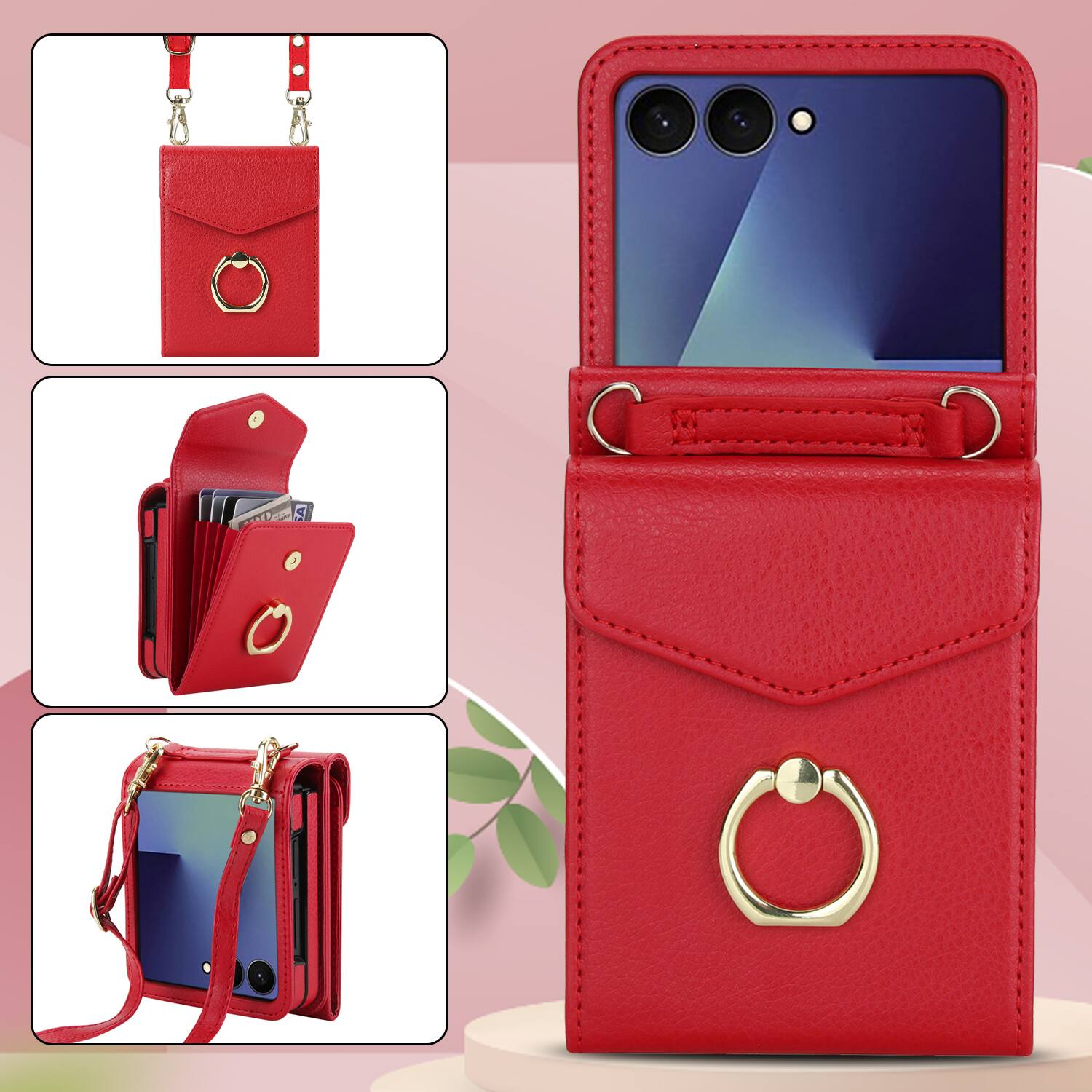 Alt View 5. Dteck - Wallet Case for Samsung Galaxy Z Flip7, Crossbody Ring Stand Faux Leather Cover with RFID Blocking Card Holder+Strap - Red.