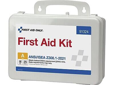 FIRST AID ONLY.

First Aid Kit

ANSI/ISEA Z308.1-2021
Meets federal OSHA requirement 29 CFR 1910.151(b).
State requirements may vary.

A
25

91324