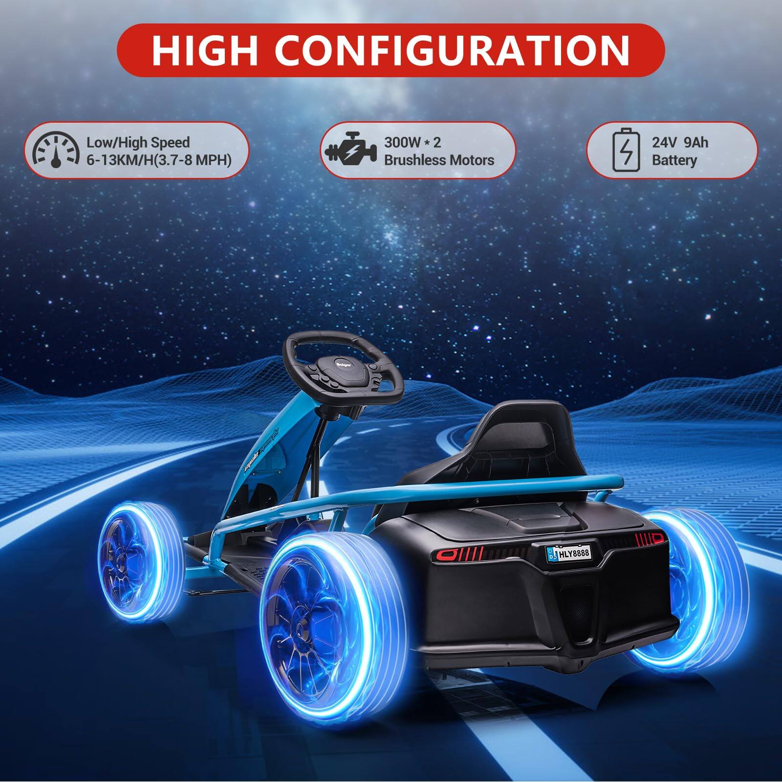HIGH CONFIGURATION

- Low/High Speed: 6-13KM/H (3.7-8 MPH)
- 300W + 2 Brushless Motors
- 24V 9Ah Battery