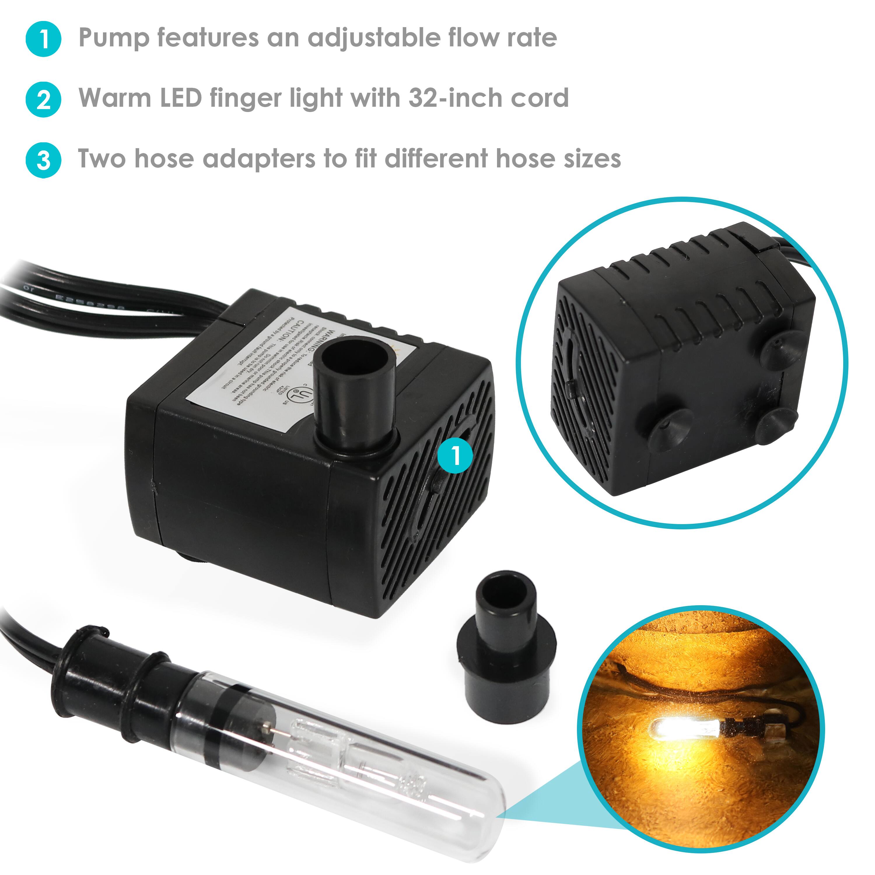 1. Pump features an adjustable flow rate
2. Warm LED finger light with 32-inch cord
3. Two hose adapters to fit different hose sizes