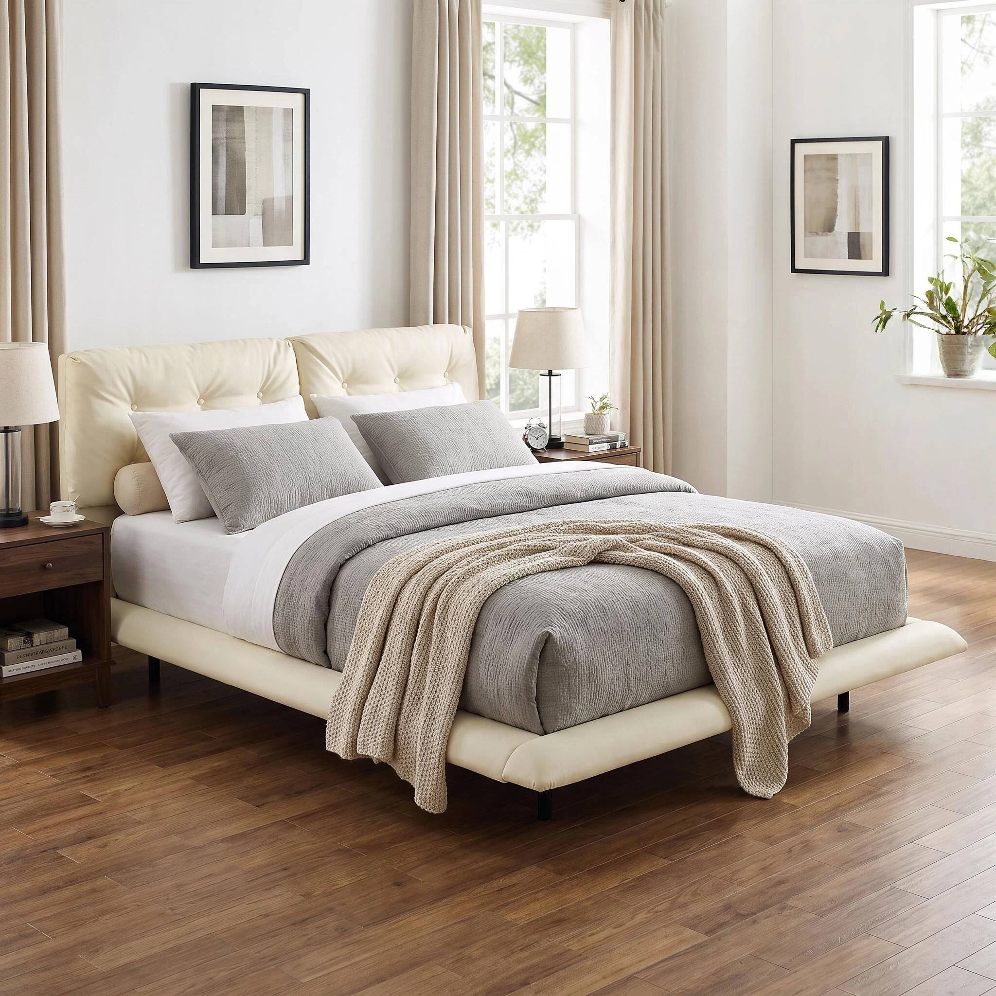 Angle. Anysun - Queen Size Upholstered Floating Bed Frame with LED Lights – PU Leather with Button-Tufted Headboard, Easy Assembly - White.