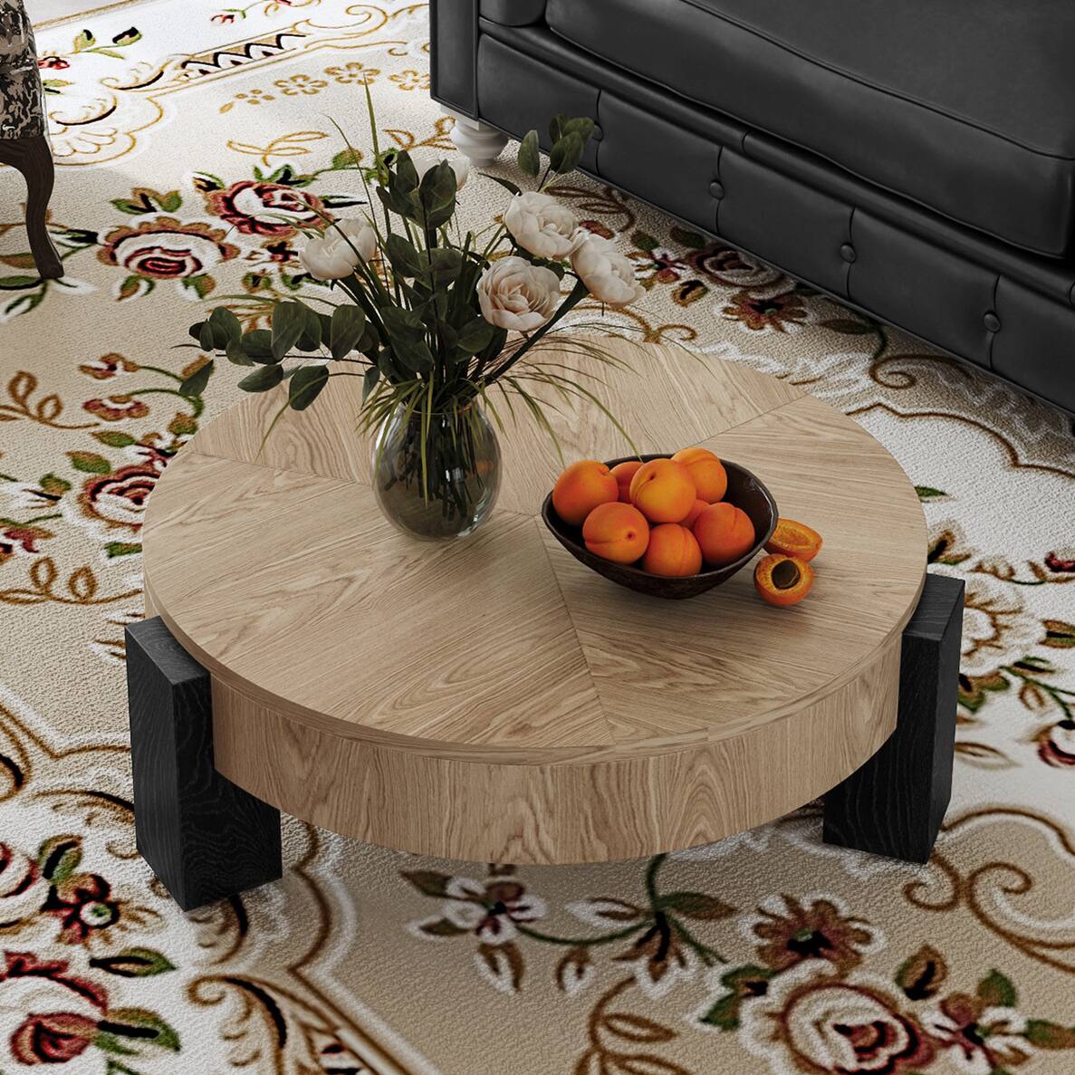 Back. Loheer - Loheer 33 Inch Round Coffee Table Hidden Storage Wabi Sabi Wood Parquet Veneer Center Table for Living Room - Matte Black,Natural Wood.